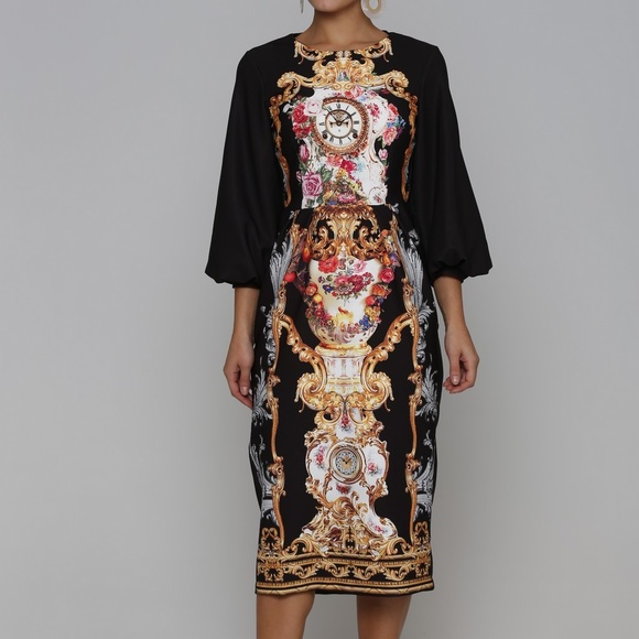 Navy Designer Print style 3/4 Sleeve Midi Dress - Picture 3 of 4